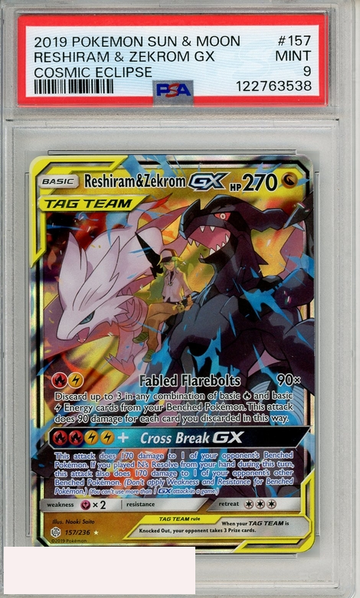 2019 POKEMON SUN MOON COSMIC ECLIPSE RESHIRAM ZEKROM GX #157 PSA 9