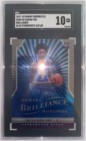 2017-2018 PANINI CHRONICLES #358 DE’AARON FOX BRILLIANCE BLUE STARBURSTS 34/149 ROOKIE RC SGC 10 GM