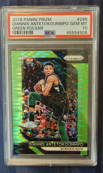 2018-19 Prizm Giannis Antetokounmpo Green Pulsar #'d 08/25 PSA 10