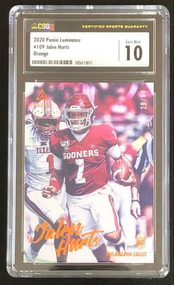 2020 Panini Luminance Jalen Hurts RC Orange Parallel 29/50 CSG Gem Mint 10