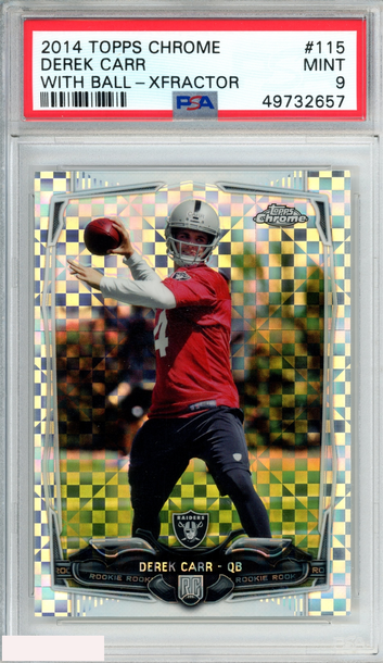 2014 TOPPS CHROME DEREK CARR #115 WITH BALL XFRACTOR ROOKIE RC PSA 9 MINT