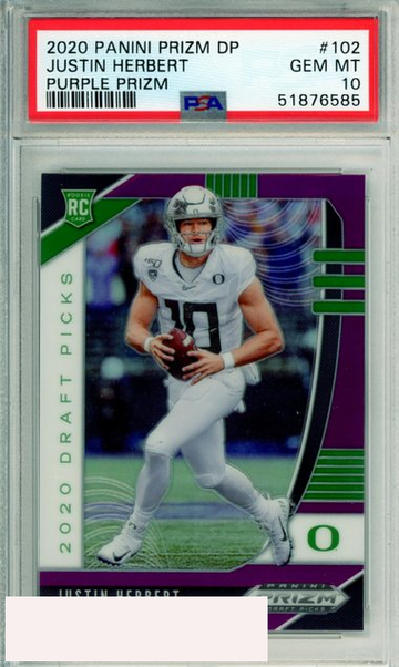 2020 PANINI PRIZM DRAFT PICKS JUSTIN HERBERT #102 PURPLE PRIZM RC PSA 10 GEM MT