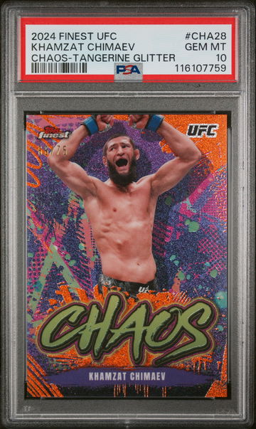 2024 Finest #CHA-28 Khamzat Chimaev Chaos-Tangerine Glitter /75 PSA 10