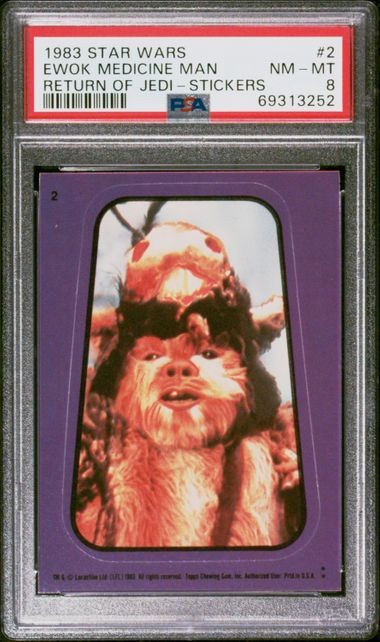 1983 TOPPS STAR WARS RETURN OF THE JEDI STICKER EWOK MEDICINE MAN #2 PSA 8