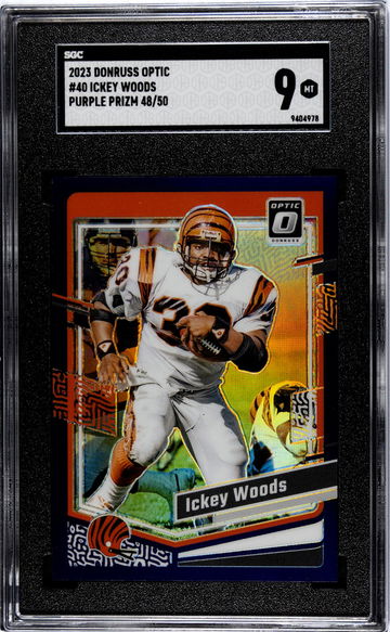 2023 Panini Donruss Optic Purple Prizm Ickey Woods #40 /50 SGC 9