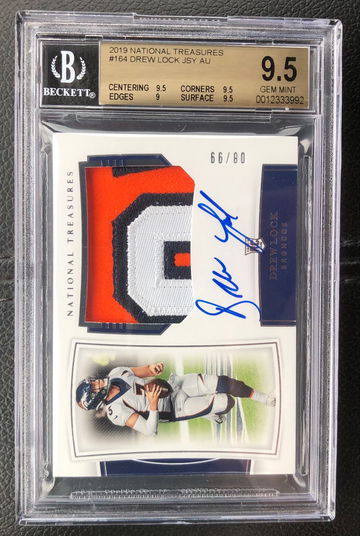 2019 Panini National Treasures Drew Lock RC True RPA Patch Auto 8/99 #164 BGS 9.5/10