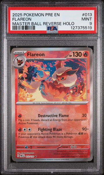 2025 Pokemon Scarlet and Violet Prismatic Evolutions Master Ball Reverse Holo Flareon #13 PSA 9