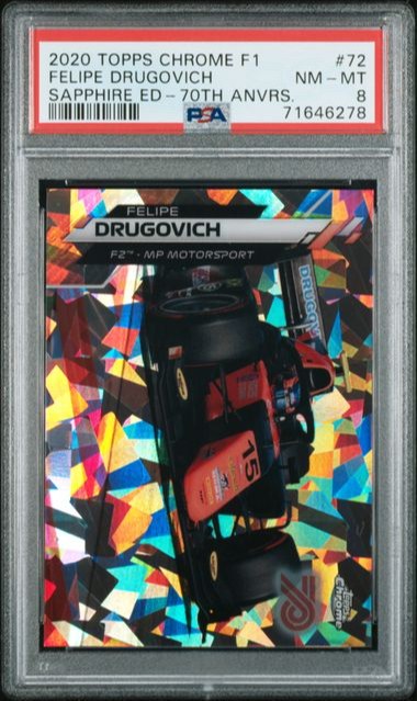 2020 TOPPS CHROME F1 SAPPHIRE FELIPE DRUGOVICH 70TH ANNIVERSARY SP /70 #72 PSA 8