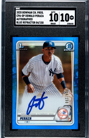 2020 Bowman Chrome Oswald Peraza Blue Refractor/150 Auto SGC 10 Gem Mint