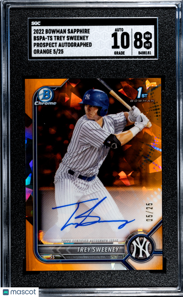 2022 Bowman Sapphire Trey Sweeney #BSPA-TS Pros. Autograph Orange Refractor SGC 8 Auto 10