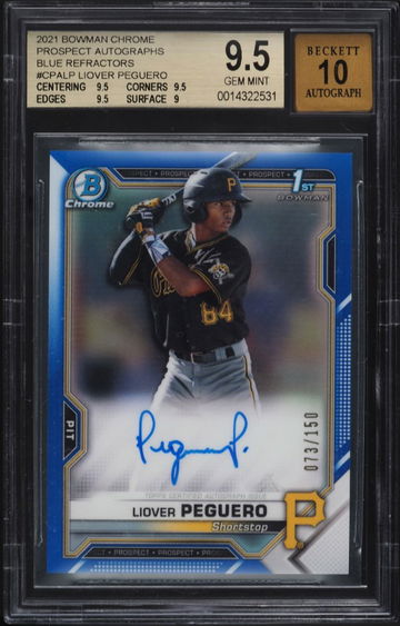 2021 BOWMAN CHROME BLUE REFRACTOR LIOVER PEGUERO ROOKIE AUTO /150 #CPALP BGS 9.5