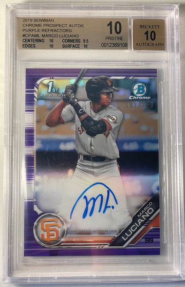 2019 BOWMAN CHROME MARCO LUCIANO PURPLE REFRACTOR AUTO /250 BGS 10 PRISTINE POP 1