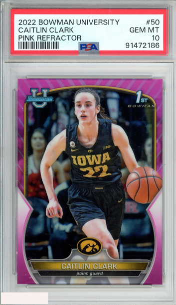 2022 BOWMAN CHROME UNIVERSITY CAITLIN CLARK #50 PINK REFRACTOR 1ST RC PSA 10