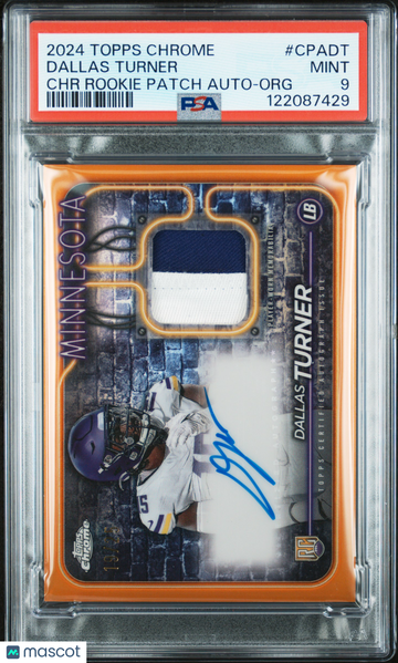 2024 Topps Chrome Topps Chrome Rookie Patch Autographs Dallas Turner #CPADT Org /25 PSA 9