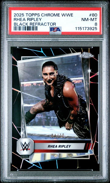 2025 Topps Chrome WWE Black Refractor Rhea Ripley #80 /10 PSA 8