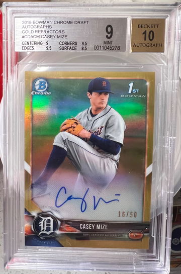 2018 bowman chrome draft Casey Mize gold /50 Beckett 9 tickers