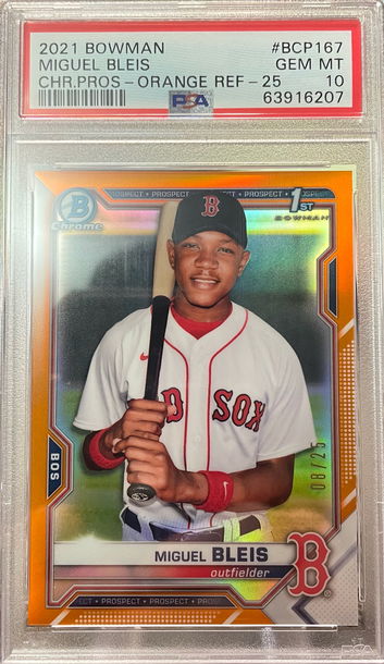 2021 BOWMAN CHROME PROSPECTS TRUE ORANGE REFRACTORS MIGUEL BLEIS RC /25 PSA 10 GEM!