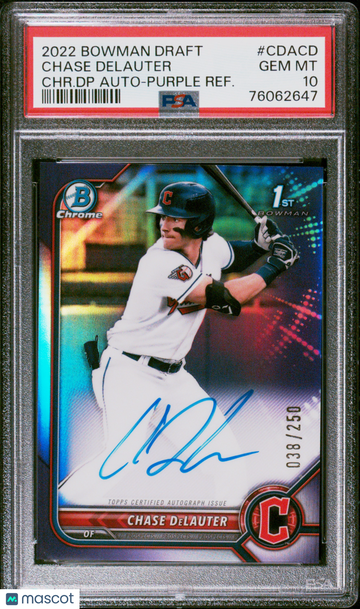 2022 Bowman Draft Chrome Draft Pick Autographs Chase Delauter #CDACD PURPLE REF. PSA 10
