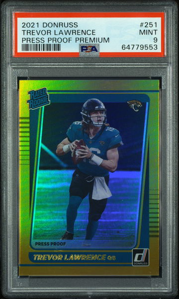 💎🧨 2021 Donruss TREVOR LAWRENCE Press Proof Premium Gold Holo PSA 9 RC 🏈🦁