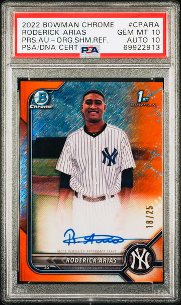 Roderick Arias - 2022 Bowman Chrome - 1st Bowman Orange Shimmer Auto 18/25 - PSA 10 AUTO 10 POP 1!