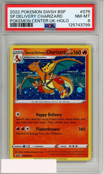 2022 POKEMON SWSH BSP SP DELIVRY CHARIZARD #075 POKEMON CENTER UK-HOLO PSA 8