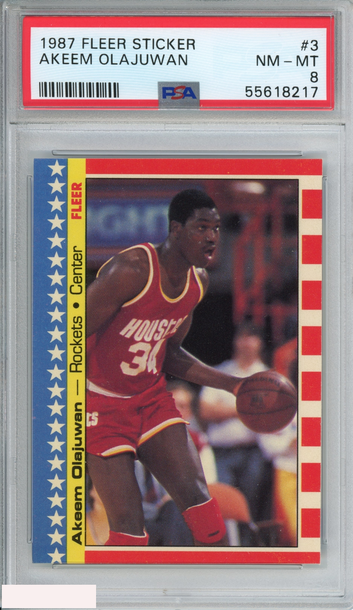 1987 FLEER STICKER AKEEM OLAJUWAN #3 HOUSTON ROCKETS PSA 8 NM-MT