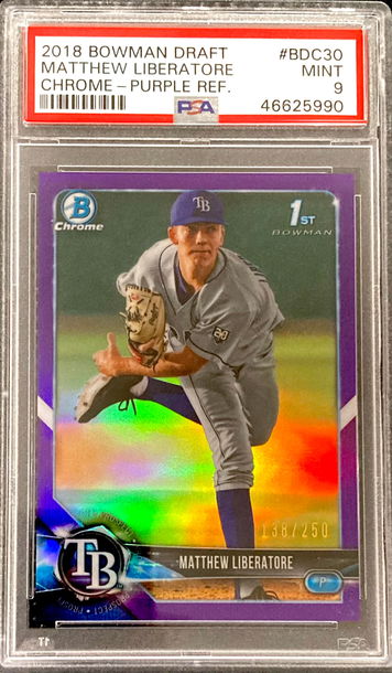 Matthew Liberatore 2018 Bowman Draft Chrome 1st Rookie Card RC Purple Refractor #/250 PSA 9 MINT Tampa Bay Rays