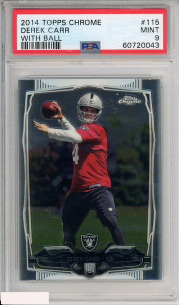 2014 TOPPS CHROME DEREK CARR #115 WITH BALL ROOKIE LAS VEGAS RAIDERS RC PSA 9