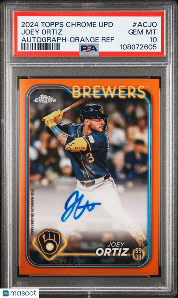 2024 Topps Chrome Update Chrome Baseball Update Series Autographs Joey Ortiz #ACJO Orange Ref /25 PSA 10