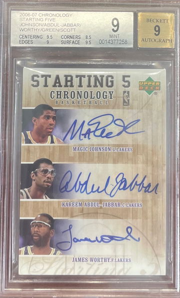 Magic Johnson Kareem Abdul-Jabbar worthy Scott AC Green 2006-07 ud chronology starting 5 auto autograph #5/5 La lakers 