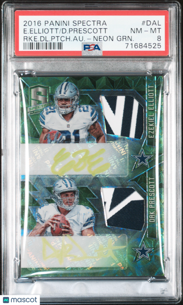 2016 Panini Spectra Rookie Dual Patch Autographs D. Prescott E. Elliott #DAL RKE. DL. Ptch. Au. Neon GRN. PSA 8