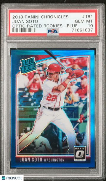 2018 Panini Chronicles Donruss Optic Rated Rookies Juan Soto #181 Blue /149 Rookie PSA 10