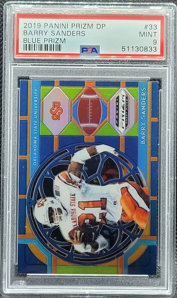 2019 Prizm Draft Picks Blue Prizm #33 Barry Sanders Detroit Lions Oklahoma State Cowboys PSA 9