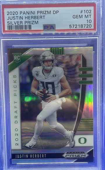 2020 PANINI PRIZM DRAFT PICKS JUSTIN HERBERT SILVER PRIZM #102 PSA 10 GEM MINT