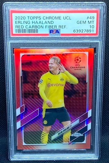 2020 Topps Chrome UEFA Champions League Erling Haaland Red Carbon Fiber Refractor PSA 10 *POP 3*