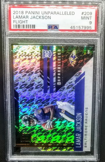 Lamar Jackson 2018 Panini Unparalleled Flight RC Rookie # 209 Graded PSA 9 Mint POP 16