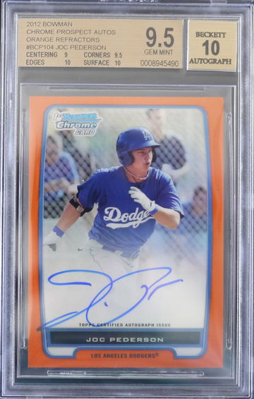 BGS 9.5 - 2012 BOWMAN CHROME JOC PEDERSON (05/25) ORANGE REFRACTORS AUTO 10 w/2x 10s