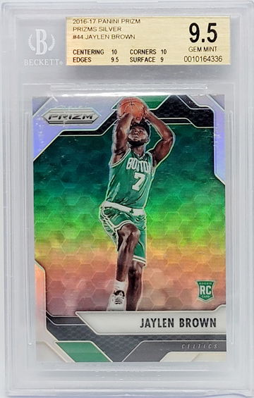 2016-17 Prizm Jaylen Brown. Slab has a big chip missing on bottom edge. Inner sleeve is cloudy.