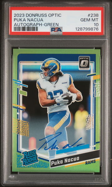 2023 Donruss Optic Rookie Autographs Green Puka Nacua #238 /5 PSA 10