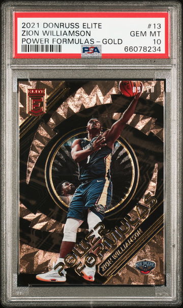 2021 Donruss Elite ZION WILLIAMSON POWER FORMULAS GOLD /10 PSA GEM MINT 10 Pelicans Pop 2
