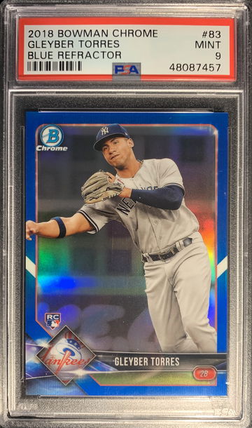 Gleyber Torres :: 2018 Bowman Chrome Blue Refractor RC /150 :: PSA 9
