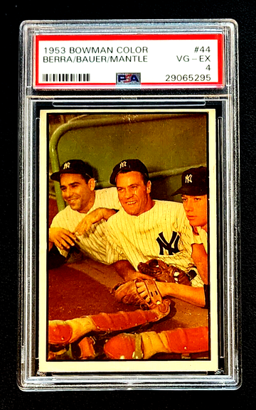 1953 Bowman Mickey Mantle 1953 Bowman Color #44 Yogi Berra Hank Bauer 24 WS RINGS! PSA 4 Berra/Bauer/Mantle #44 PSA 4