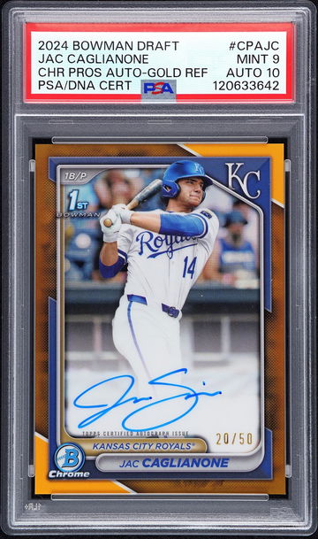 2024 Chrome Draft Autographs Gold Refractors Jac Caglianone #CPAJC /50 PSA 9