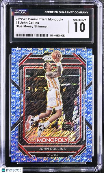 2022-23 Panini Prizm Monopoly John Collins #3 Blue Money Shimmer CGC 10