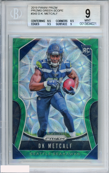 2019 PANINI PRIZM DK METCALF #343 GREEN SCOPE PRIZM 1 OF 75 ROOKIE RC BGS 9 MINT