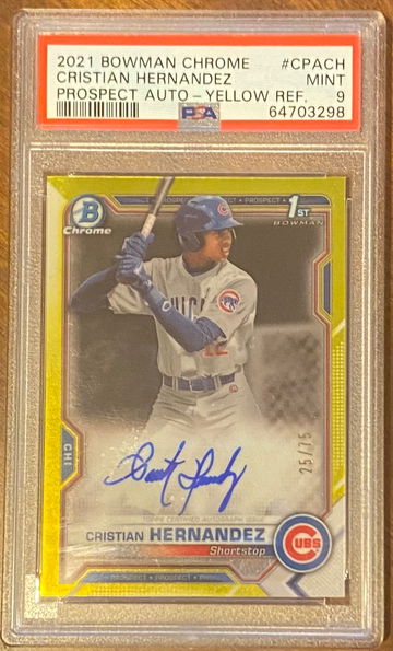 2021 BOWMAN CHROME CRISTIAN HERNANDEZ YELLOW REFRACTOR AUTO RC CHICAGO CUBS ROOKIE 25/75