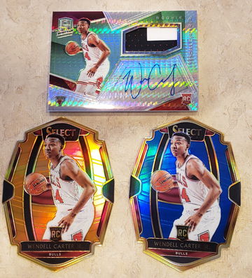 Wendell Carter RC LOT 2018 Spectra Green Patch Auto /49 Select Die Cut Orange /65 & Blue /249