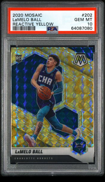 💎🧨 2020-21 Panini Mosaic Reactive Yellow Prizm #202 LAMELO BALL RC PSA 10 👻🐐