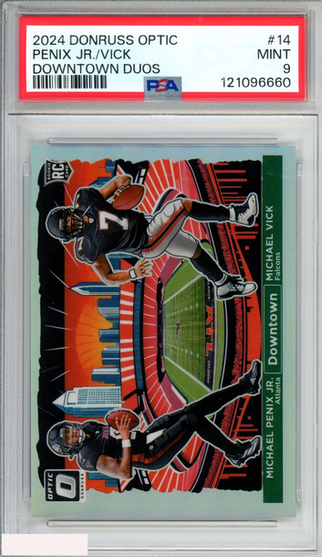 2024 DONRUSS OPTIC DOWNTOWN DUOS MICHAEL PENIX JR MICHAEL VICK #14 ROOKIE PSA 9