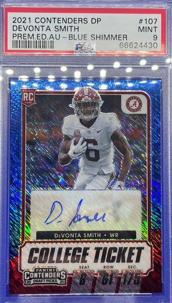 2021 Panini Contenders draft DeVonta Smith Blue Shimmer Auto Rookie RC /27 PSA 9 Mint
